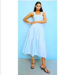 Zara Smocked Tiered Poplin Cotton Midi Maxi Dress in Blue Blogger Favorite S